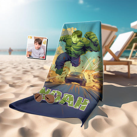 Personalized Face & Name Green Boy Superhero Photo Beach Towel - Amor Custom Gifts