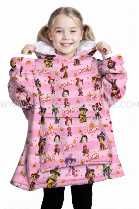 Personalized Face & Name Halloween Dog Patrol Puppies Girl Snug Oversized Wearable Hoodie Blanket-Hoodie Blanket-Amor Custom Gifts