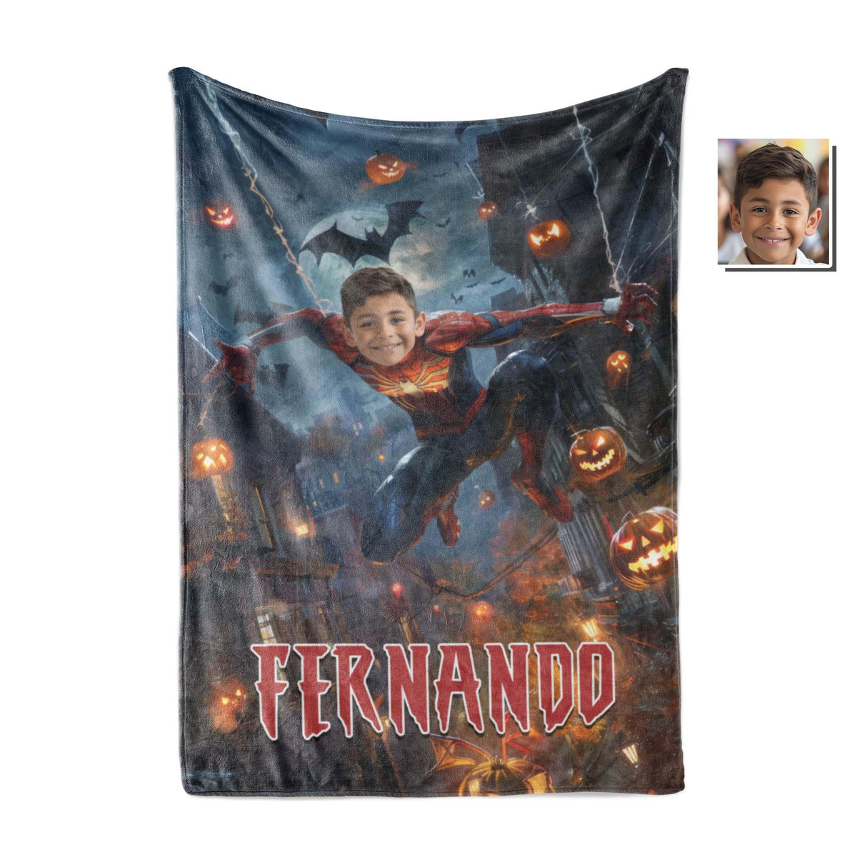 Personalized Face & Name Halloween Spider Boy Escape From City Photo Blanket-Blankets-Amor Custom Gifts