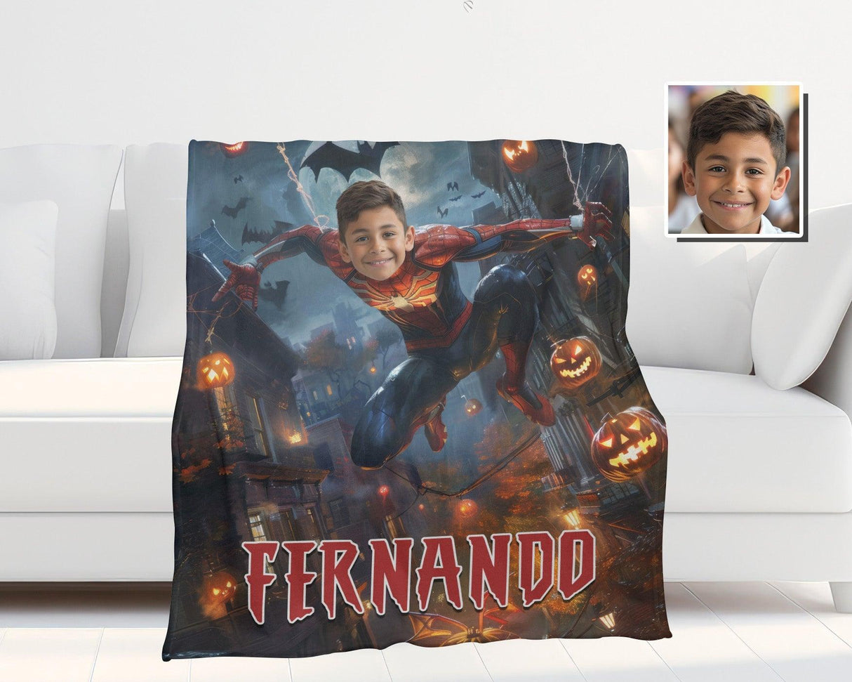 Personalized Face & Name Halloween Spider Boy Escape From City Photo Blanket-Blankets-Amor Custom Gifts