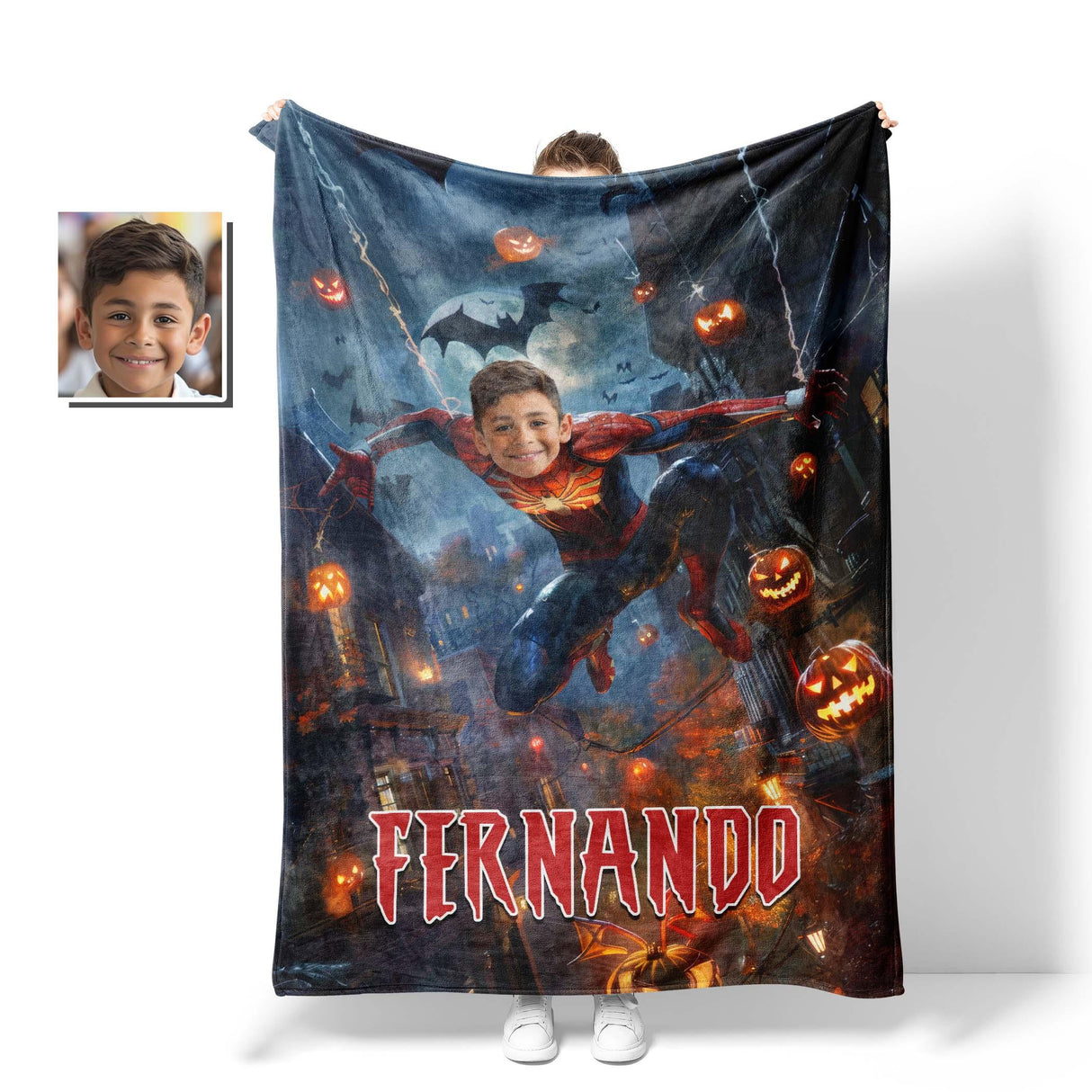 Personalized Face & Name Halloween Spider Boy Escape From City Photo Blanket-Blankets-Amor Custom Gifts