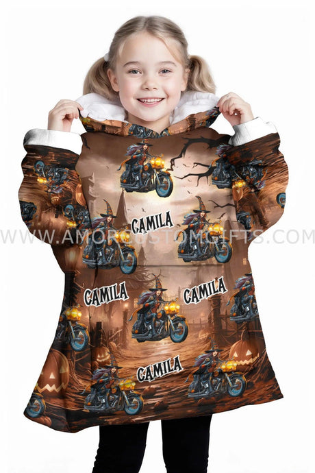 Personalized Face & Name Harley Davidson Biker Girl Halloween Snug Oversized Wearable Hoodie Blanket-Hoodie Blanket-Amor Custom Gifts