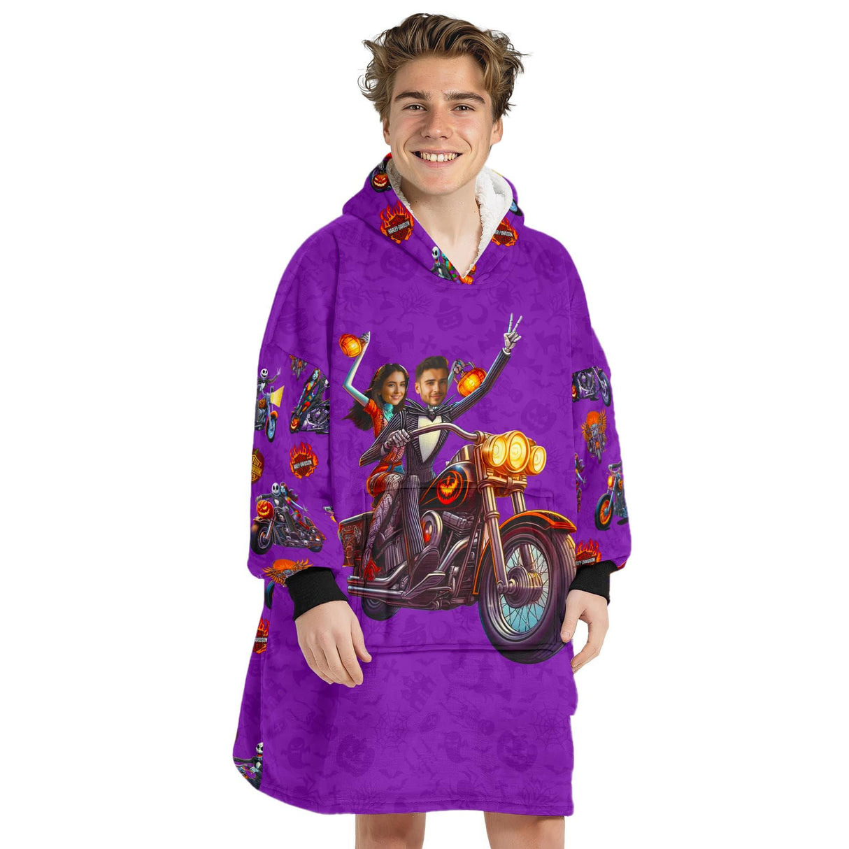 Personalized Face & Name Harley Davidson Jack Sally Couple Halloween Snug Oversized Wearable Hoodie Blanket-Hoodie Blanket-Amor Custom Gifts