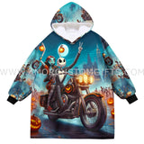 Personalized Face & Name Harley Davidson Jack Sally Couple Halloween Snug Oversized Wearable Hoodie Blanket-Hoodie Blanket-Amor Custom Gifts