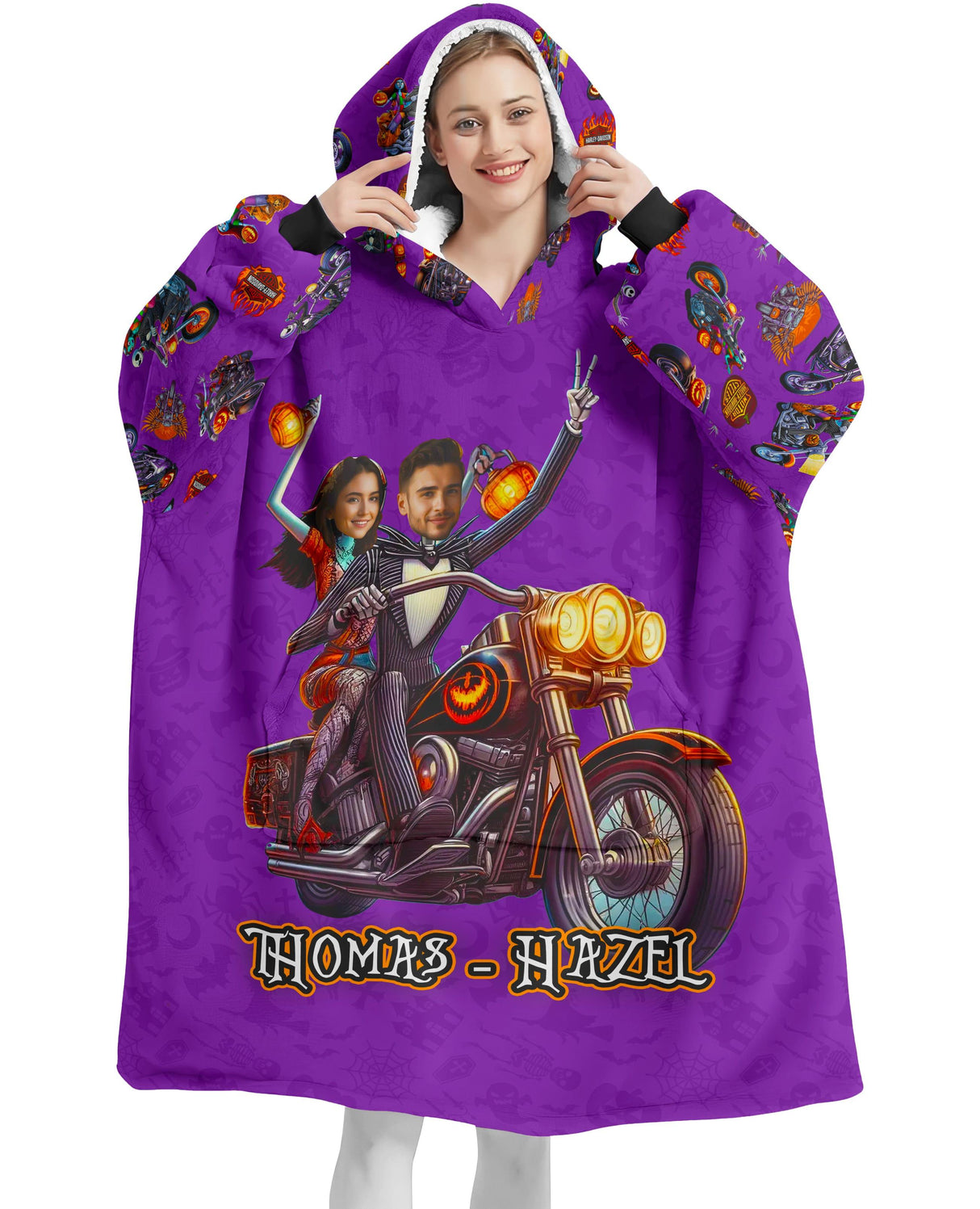 Personalized Face & Name Harley Davidson Jack Sally Couple Halloween Snug Oversized Wearable Hoodie Blanket-Hoodie Blanket-Amor Custom Gifts