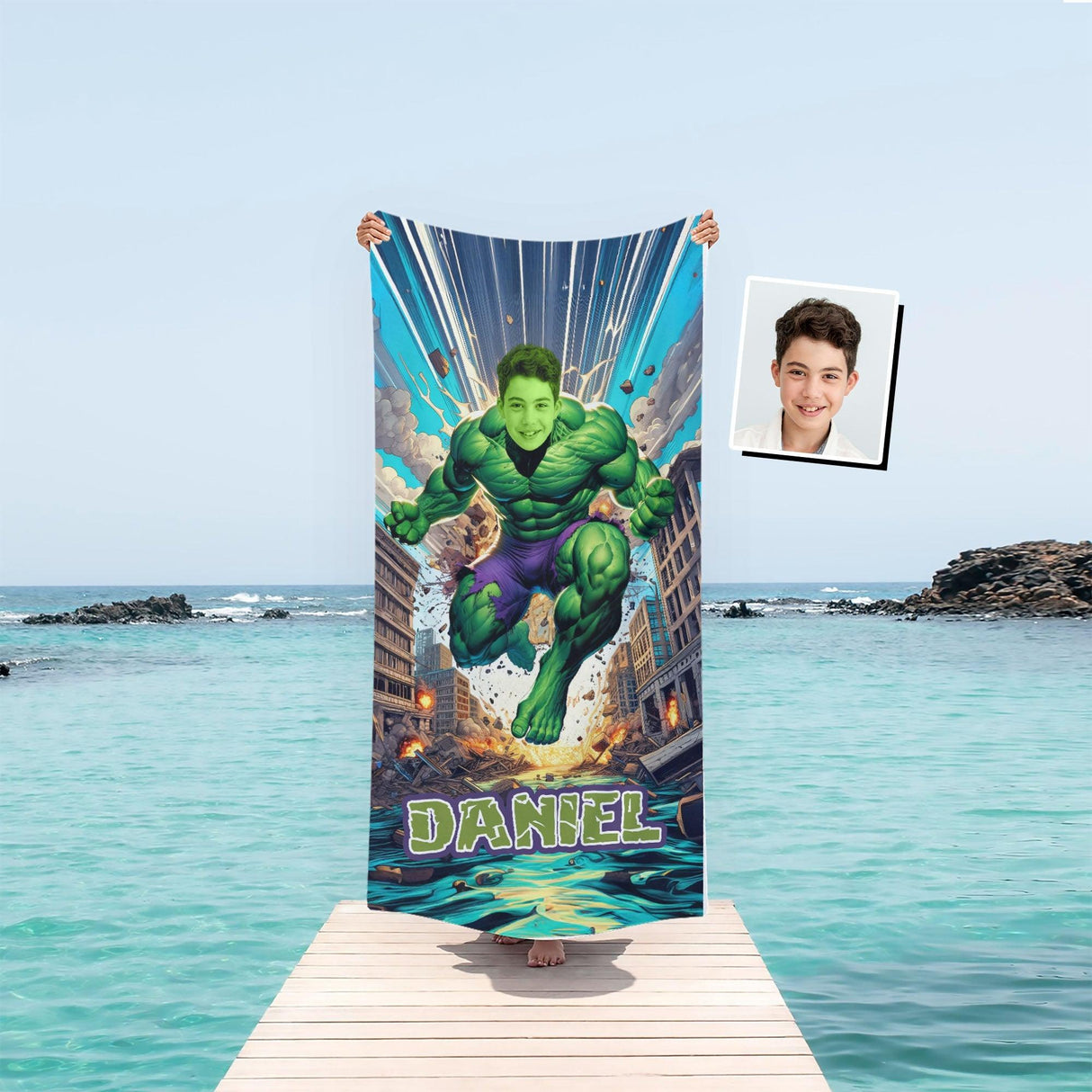 Personalized Face & Name Green Monster Hero Boy Superhero Photo Beach Towel - Amor Custom Gifts