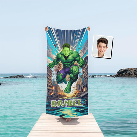 Personalized Face & Name Green Monster Hero Boy Superhero Photo Beach Towel - Amor Custom Gifts