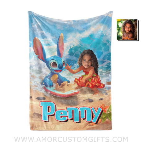 Personalized Face & Name Lilo And Stitch Build Sandcastle Girl Blanket Blankets