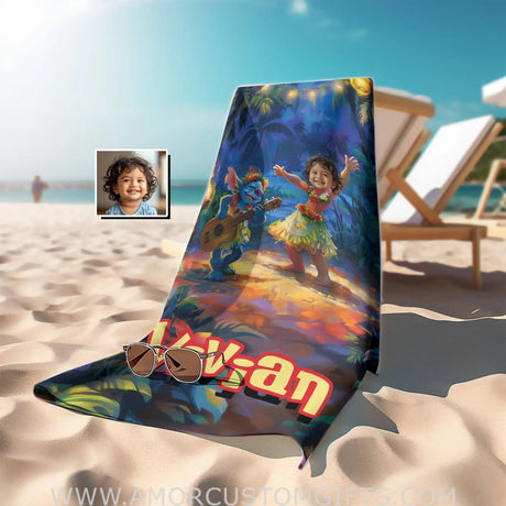 Personalized Face & Name Lilo And Stitch On Hawaiian Party Beach Towel Towels