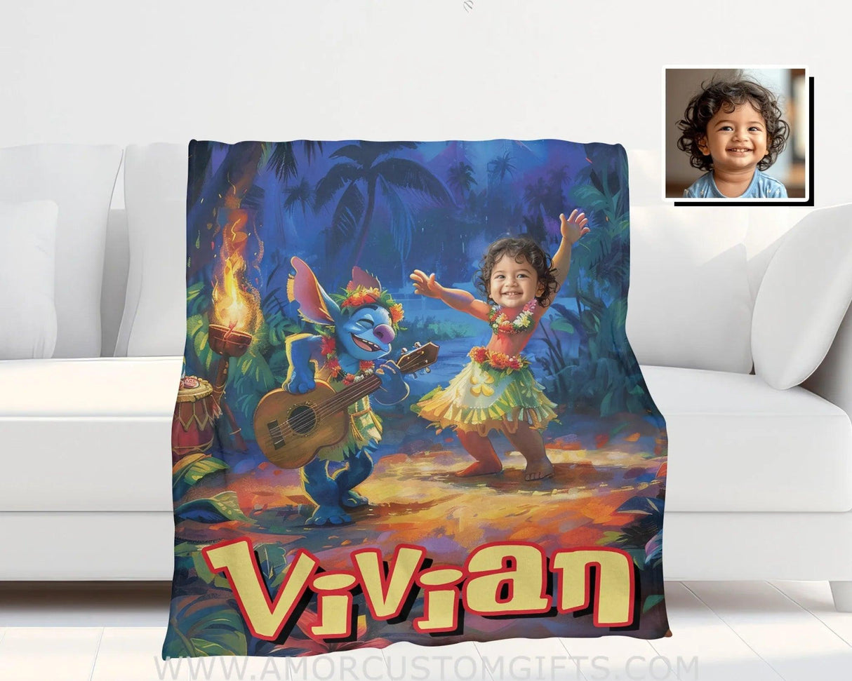 Personalized Face & Name Lilo And Stitch On Hawaiian Party Girl Blanket Blankets