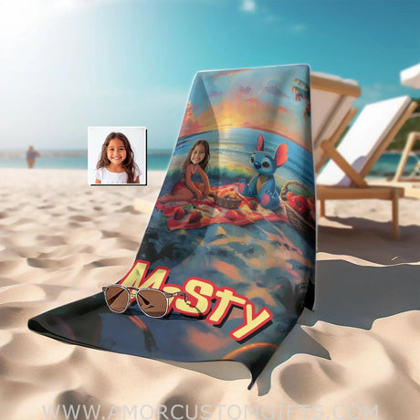 Personalized Face & Name Lilo And Stitch Sit On Beach Sunset Towel Towels