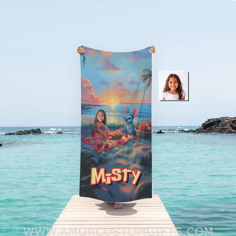 Personalized Face & Name Lilo And Stitch Sit On Beach Sunset Towel Towels