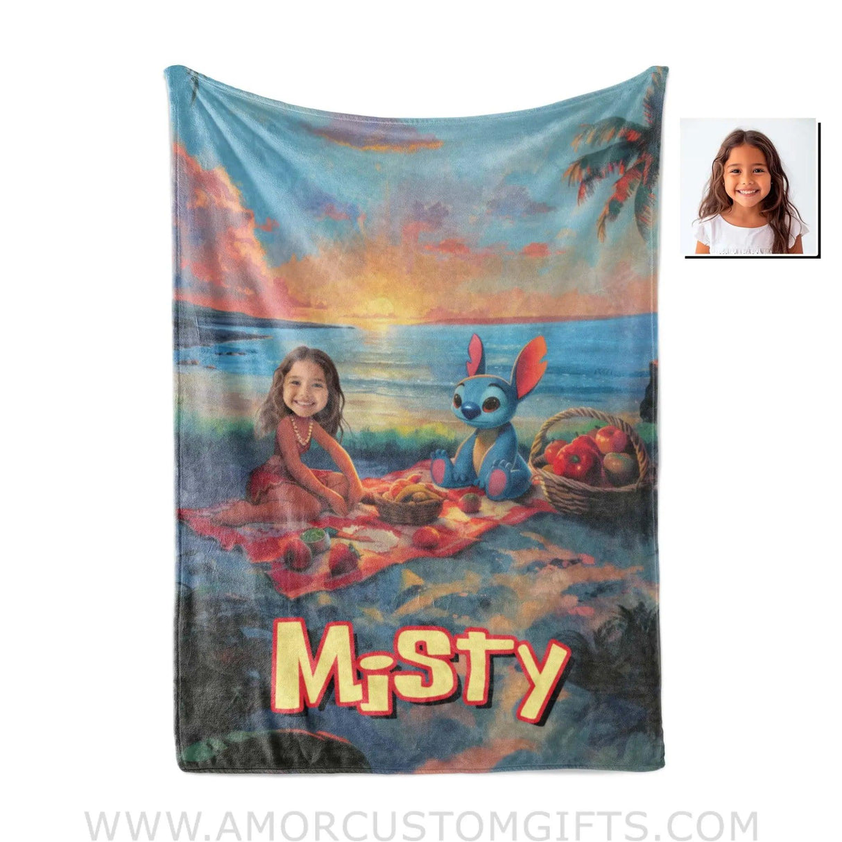 Personalized Face & Name Lilo And Stitch Sit On Beach Sunset Girl Blanket Blankets