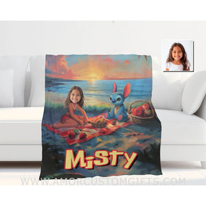 Personalized Face & Name Lilo And Stitch Sit On Beach Sunset Girl Blanket Blankets