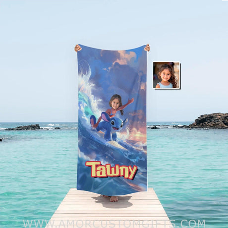 Personalized Face & Name Lilo And Stitch Surfing Beach Towel Towels