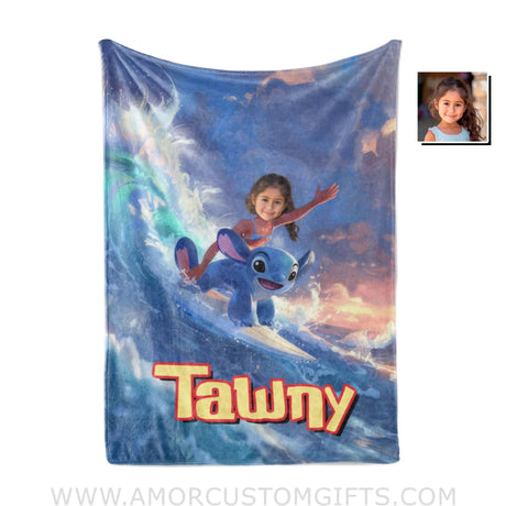 Personalized Face & Name Lilo And Stitch Surfing Girl Blanket Blankets