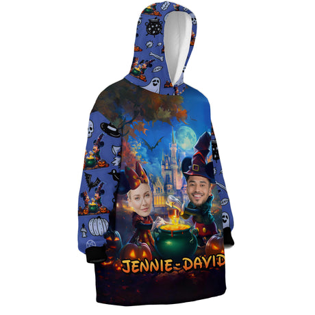 Personalized Face & Name Magic World Couple Halloween Snug Oversized Wearable Hoodie Blanket-Hoodie Blanket-Amor Custom Gifts