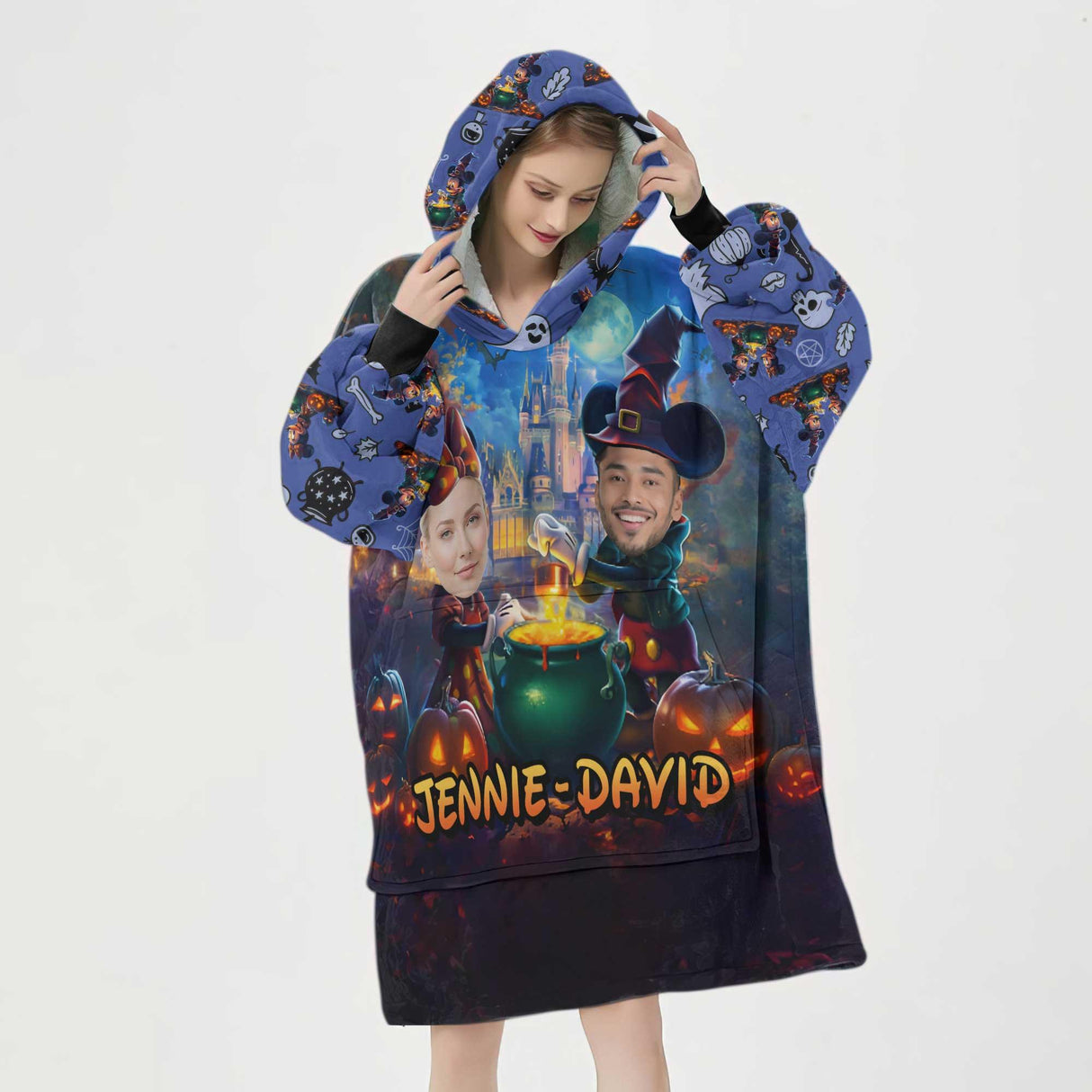 Personalized Face & Name Magic World Couple Halloween Snug Oversized Wearable Hoodie Blanket-Hoodie Blanket-Amor Custom Gifts