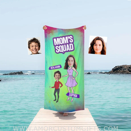 Personalized Face & Name Mother’s Day Mom’s Squad Boy Beach Towel Towels