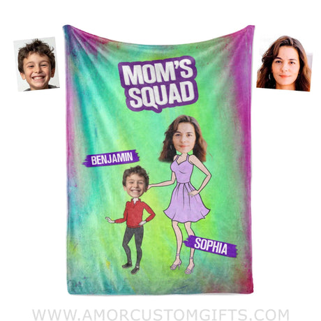 Personalized Face & Name Mother’s Day Mom’s Squad Boy Mom Blanket Blankets