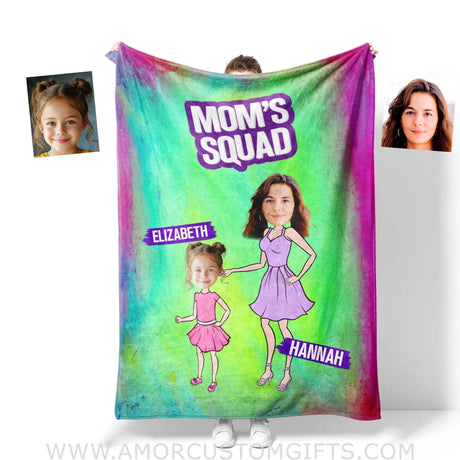 Personalized Face & Name Mother’s Day Mom’s Squad Girl Mom Blanket Blankets