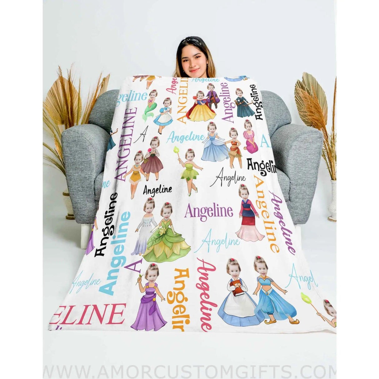 Personalized Face & Name Multi Princess Girl Photo Blanket Blankets