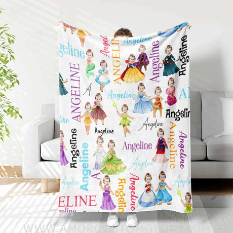 Personalized Face & Name Multi Princess Girl Photo Blanket Blankets