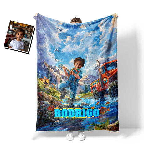 Personalized Face & Name Patrol Boy Fishing At Creek Blanket-Blankets-Amor Custom Gifts