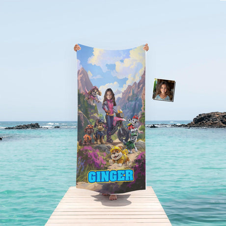 Personalized Face & Name Patrol Girl Mountain Lanscape Girl Beach Towel - Amor Custom Gifts