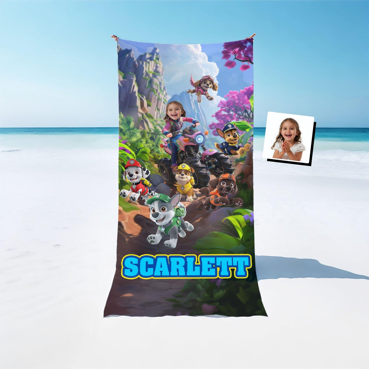 Personalized Face & Name Patrol Girl Mountain Lanscape Girl Photo Beach Towel - Amor Custom Gifts