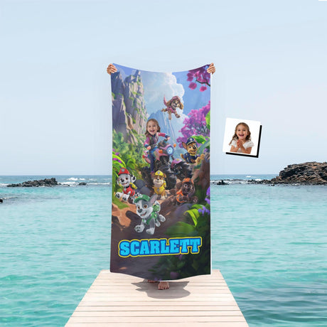 Personalized Face & Name Patrol Girl Mountain Lanscape Girl Photo Beach Towel - Amor Custom Gifts