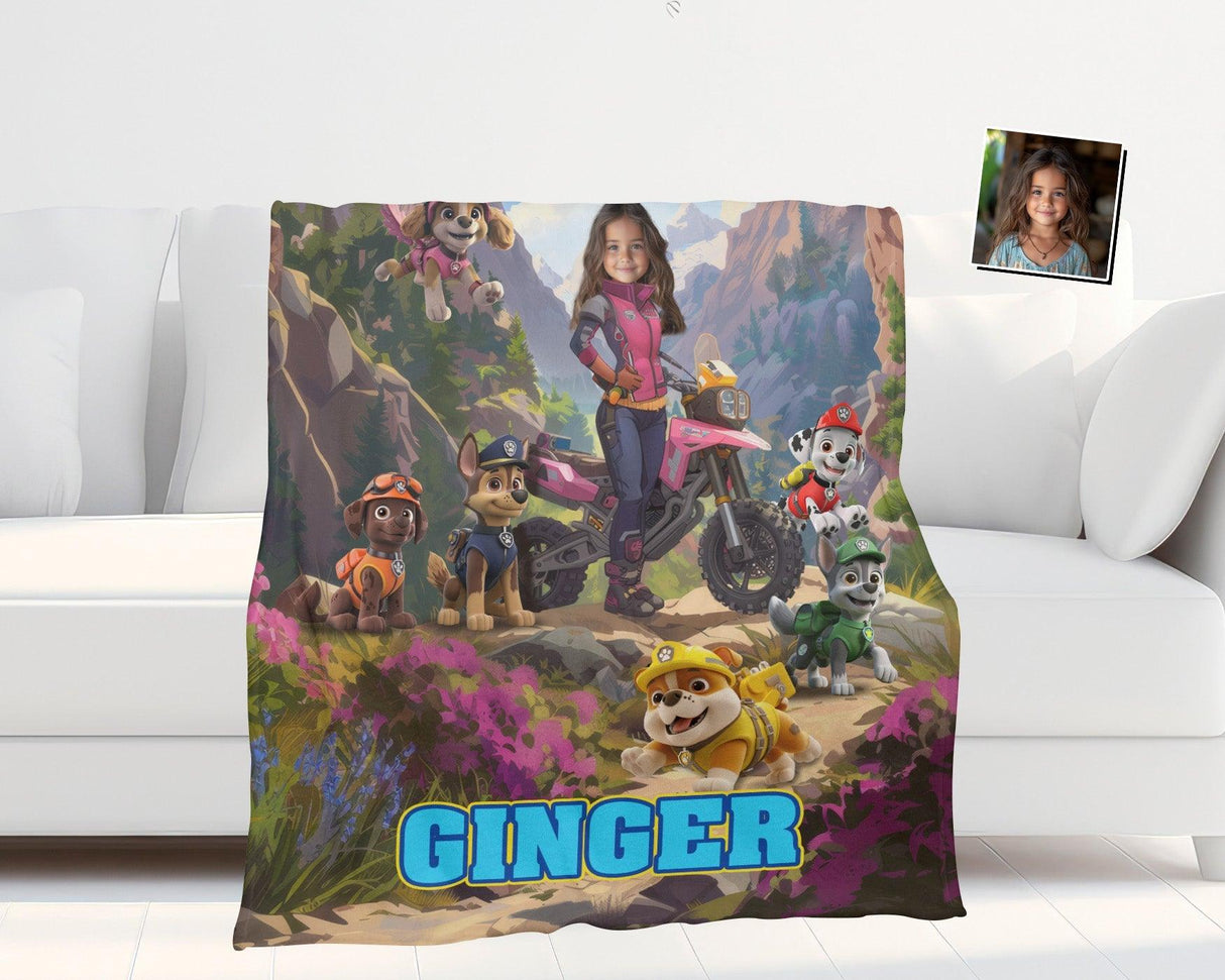 Personalized Face & Name Patrol Girl Mountain Lanscape Photo Blanket-Blankets-Amor Custom Gifts