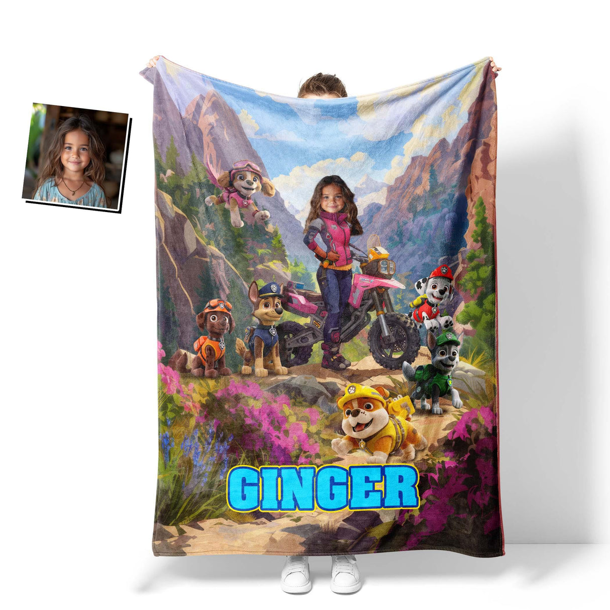 Personalized Face & Name Patrol Girl Mountain Lanscape Photo Blanket-Blankets-Amor Custom Gifts