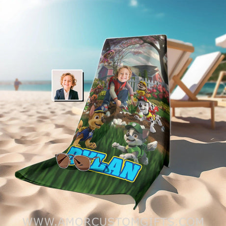 Personalized Face & Name Patrol Plant Flowers Boy Photo Beach Towel Towels