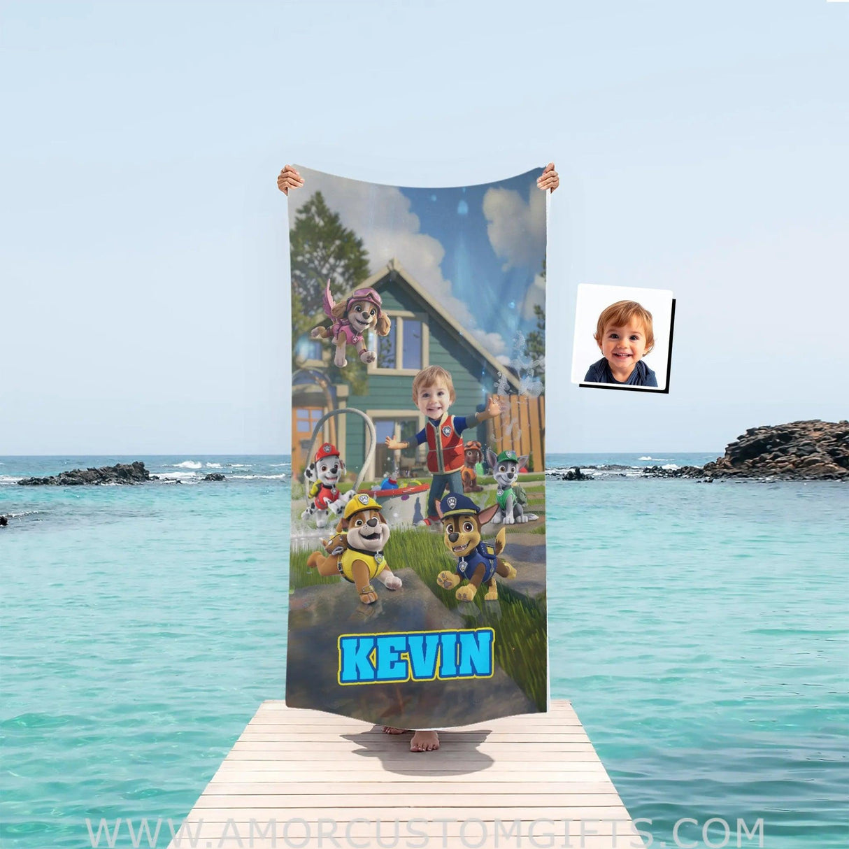 Personalized Face & Name Patrol Water Balloon Fun Boy Photo Beach Towel Towels