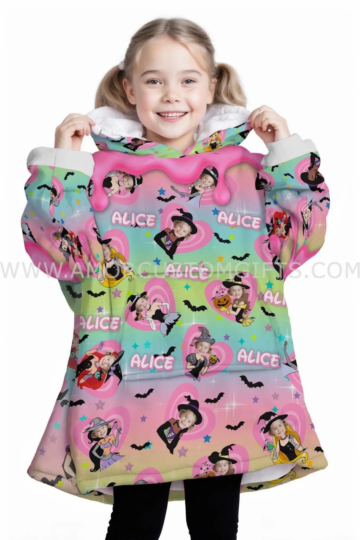 Personalized Face & Name Pink Princess Halloween Snug Oversized Wearable Hoodie Blanket-Hoodie Blanket-Amor Custom Gifts