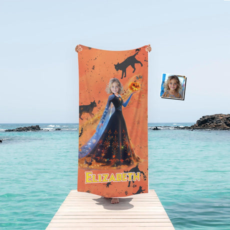 Personalized Face & Name Princess Black Cat Halloween Girl Photo Beach Towel - Amor Custom Gifts