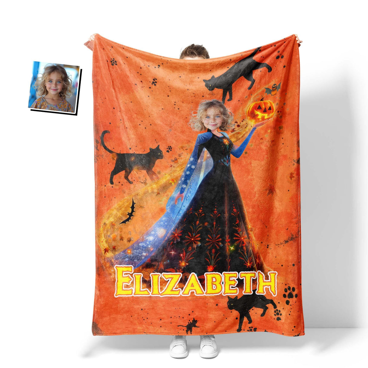 Personalized Face & Name Princess Black Cat Halloween Girl Photo Blanket-Blankets-Amor Custom Gifts