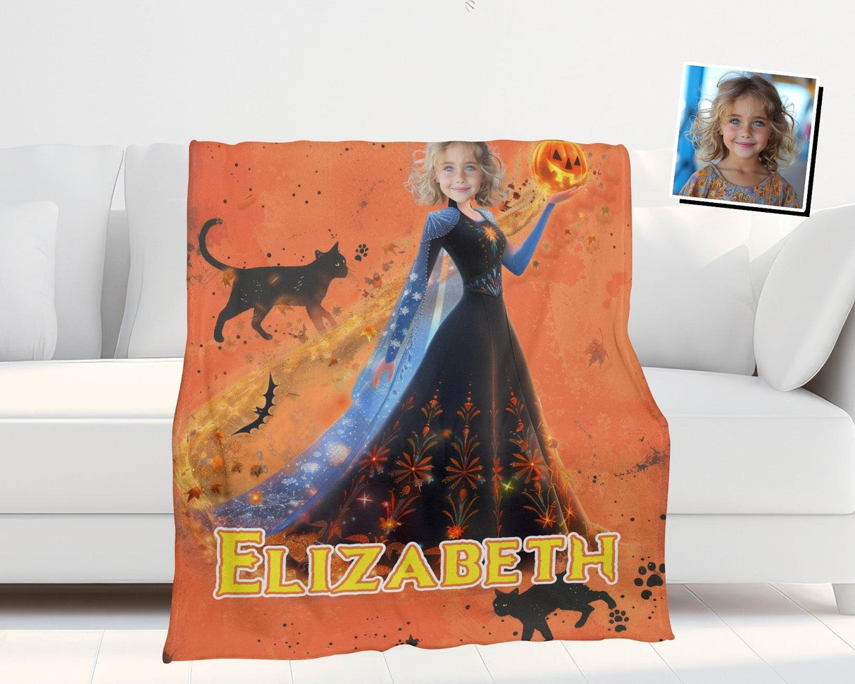 Personalized Face & Name Princess Black Cat Halloween Girl Photo Blanket-Blankets-Amor Custom Gifts