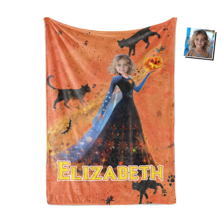 Personalized Face & Name Princess Black Cat Halloween Girl Photo Blanket-Blankets-Amor Custom Gifts