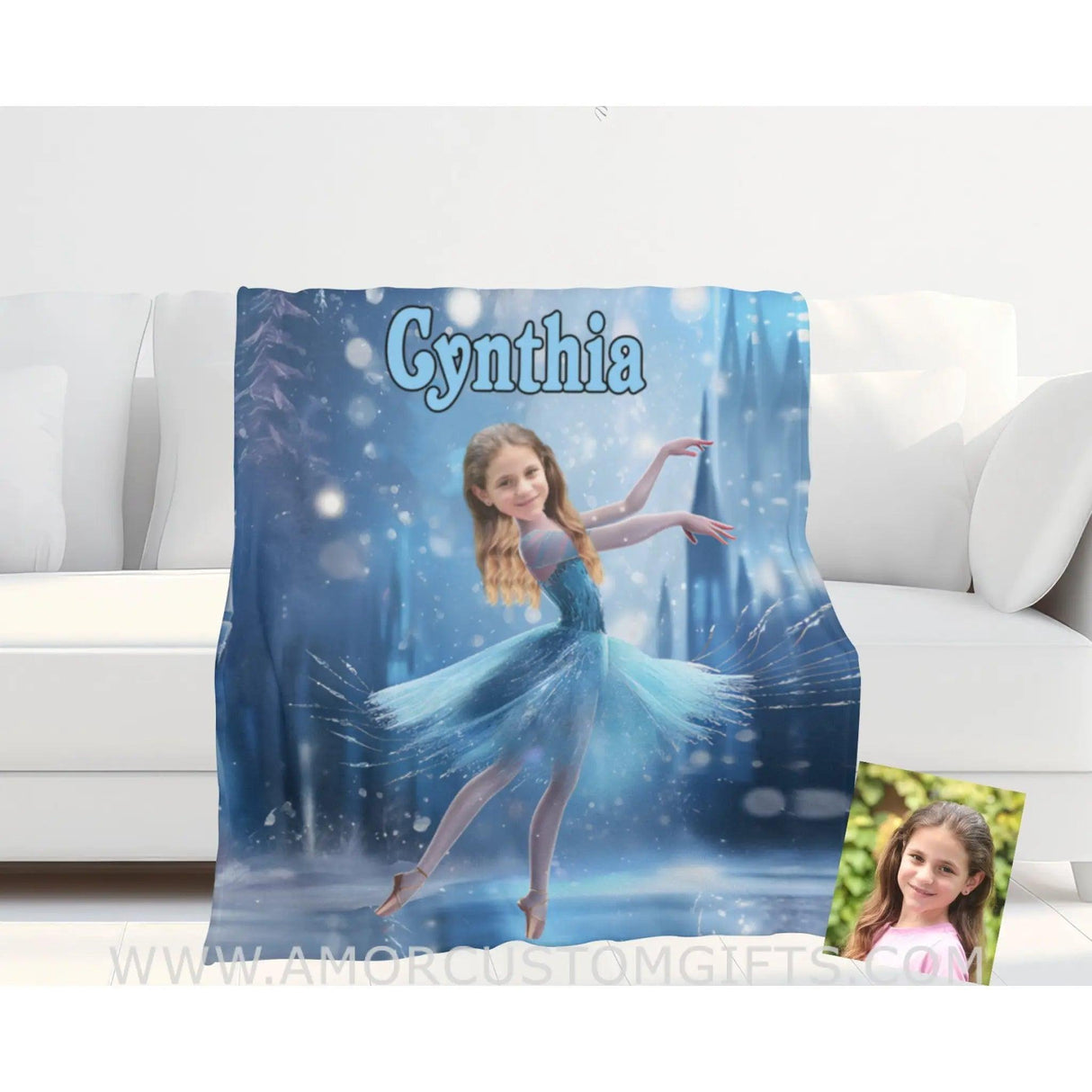 Personalized Face & Name Princess Frozen Elsa Ballerina Dancing Girl Blanket Blankets