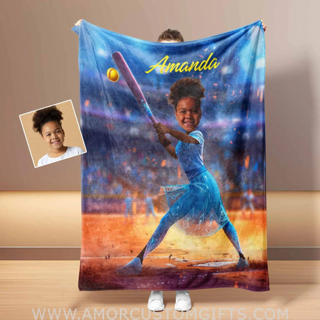 Personalized Face & Name Princess Frozen Elsa Softball 2 Girl Blanket Blankets