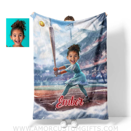 Blankets Personalized Face & Name Princess Frozen Elsa Softball Girl Blanket