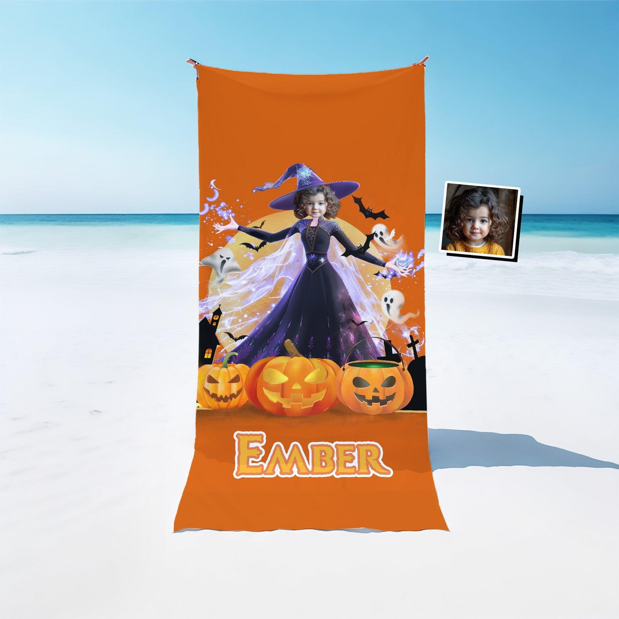 Personalized Face & Name Princess Halloween Night Girl Photo Beach Towel - Amor Custom Gifts