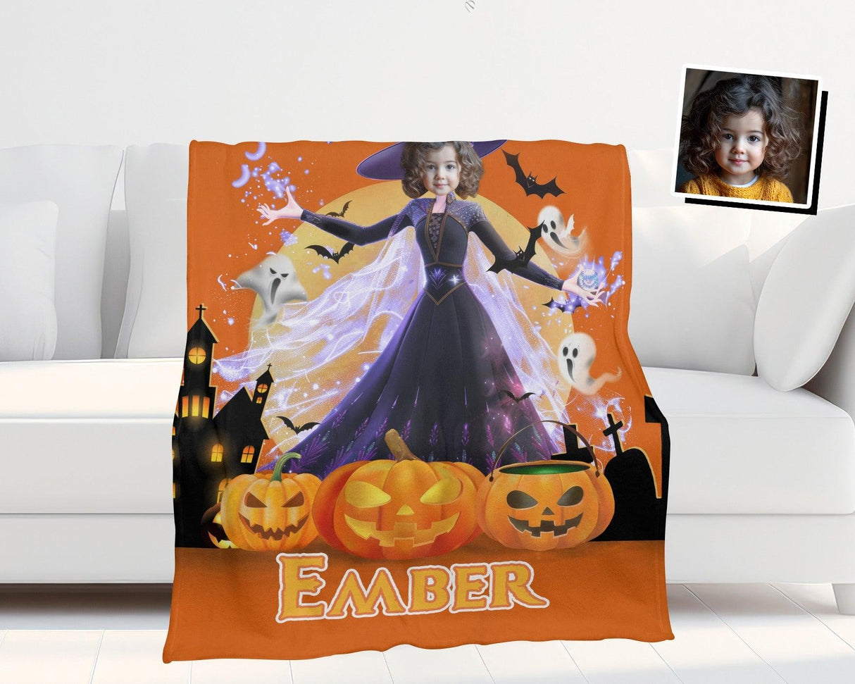 Personalized Face & Name Princess Halloween Night Girl Photo Blanket-Blankets-Amor Custom Gifts