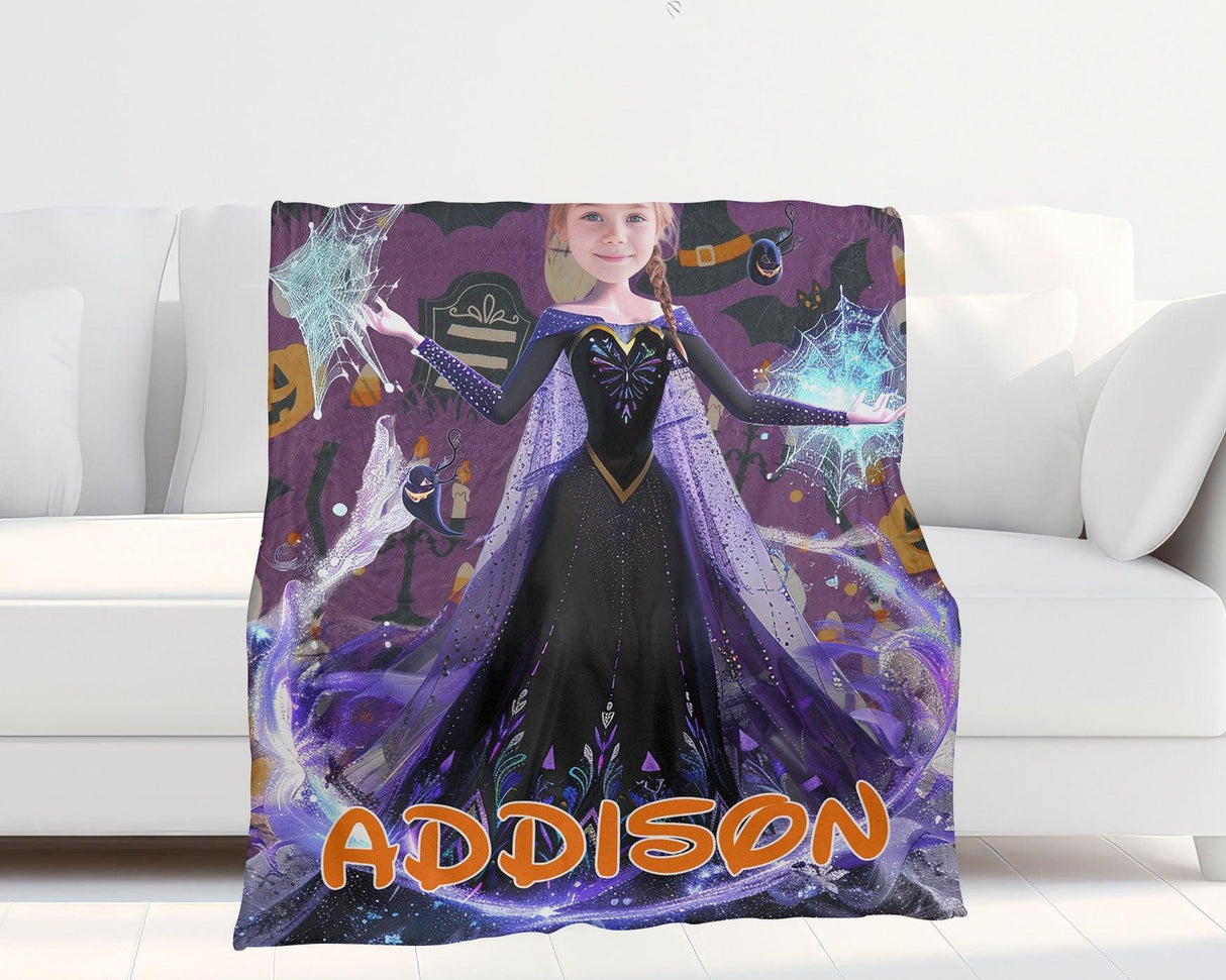 Personalized Face & Name Princess Halloween Pattern Girl Blanket-Blankets-Amor Custom Gifts