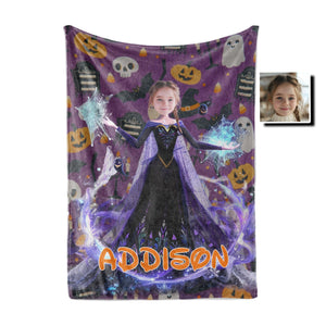 Personalized Face & Name Princess Halloween Pattern Girl Blanket-Blankets-Amor Custom Gifts