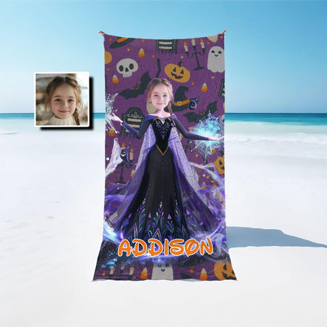 Personalized Face & Name Princess Halloween Pattern Girl Photo Beach Towel - Amor Custom Gifts