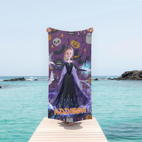 Personalized Face & Name Princess Halloween Pattern Girl Photo Beach Towel - Amor Custom Gifts