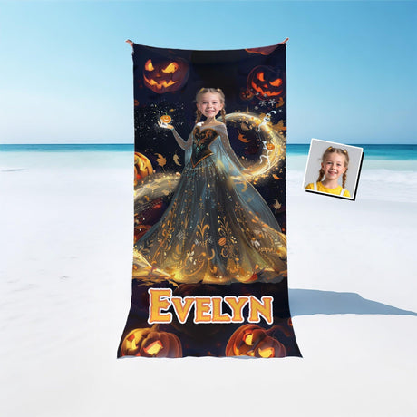 Personalized Face & Name Princess Jack O Lantern Halloween Girl Photo Beach Towel - Amor Custom Gifts